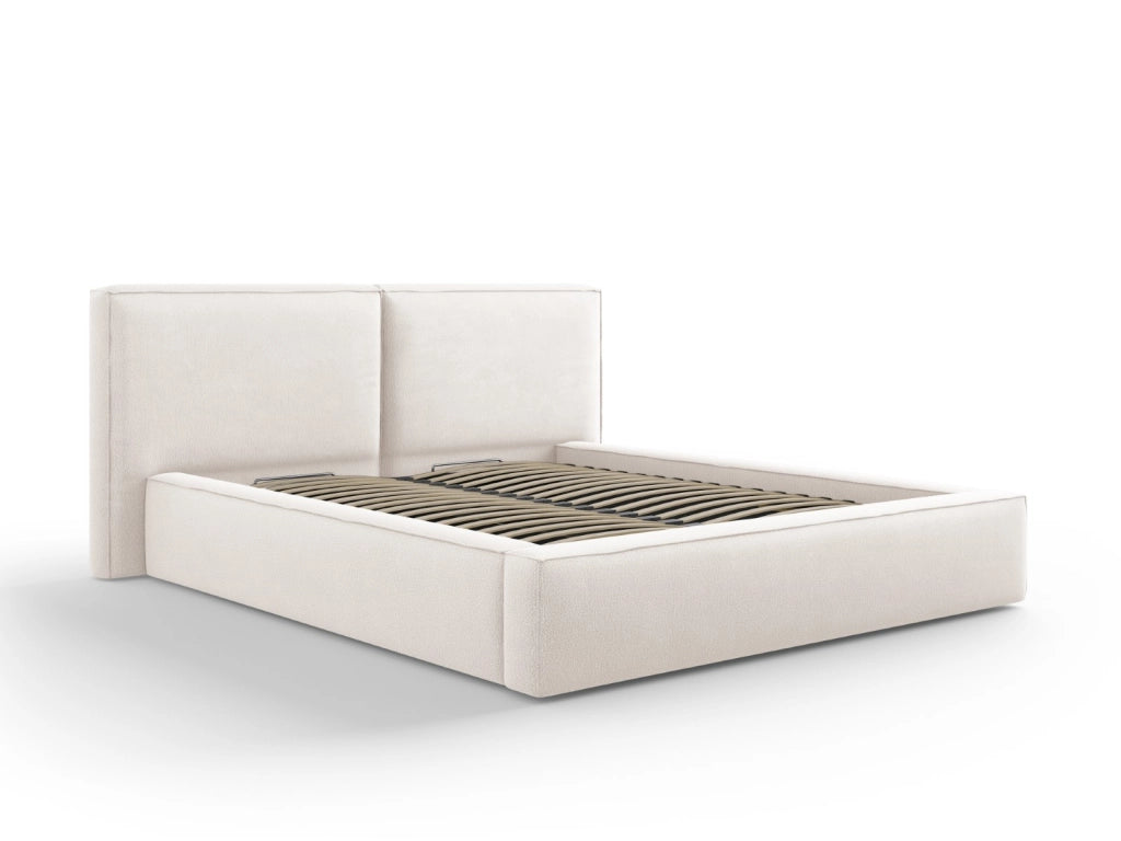 Cosmopolitan Design - Letto a cassettone con testiera doppia "Arendal" 160x200cm in tessuto strutturato beige chiaro 