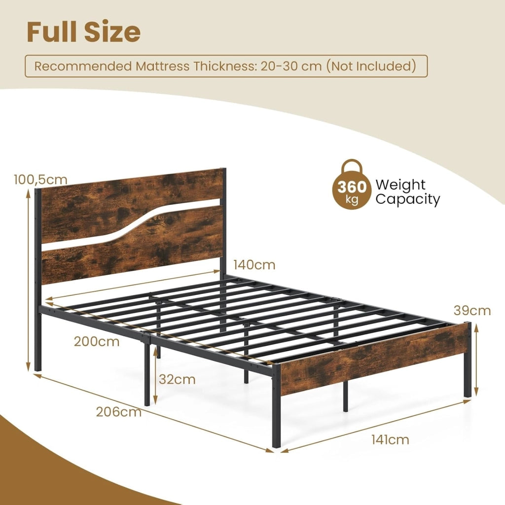 Telaio letto per materasso da 140 x 200 cm, letto in metallo con rete a doghe, letto a piattaforma con testiera, letto matrimoniale industriale in metallo e legno, letto per gli ospiti rustico