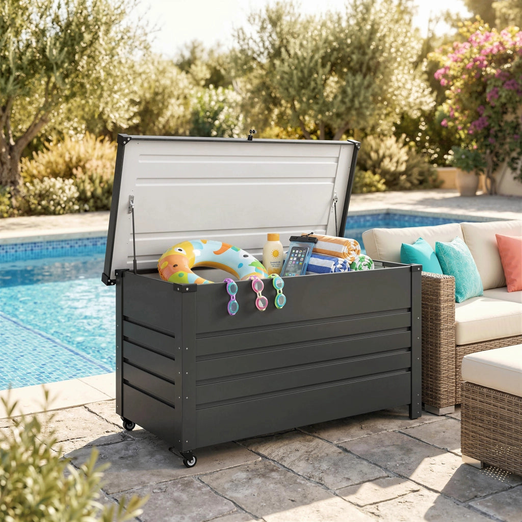 Panca Contenitore da Esterno 120x61x67 cm Capienza 350L con Coperchio Bloccabile in Acciaio Grigio