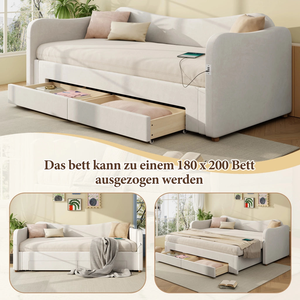 LETTO estraibile 90x200 cm fino a 180x200 cm con cassetti Velluto Beige USB