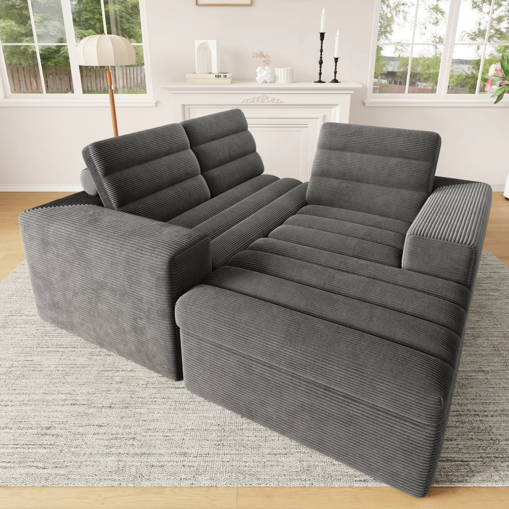 Divano angolare modulare in velluto a coste con seduta morbida e cuscini, grigio scuro, 253 × 161 × 89 cm
