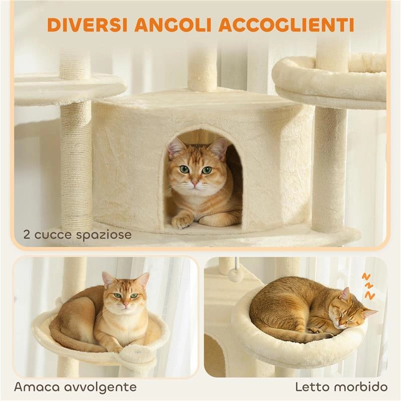 ALBERO PER GATTI ALTO 200 CM MULTILIVELLO CON 2 CASETTE, 2 LETTINI E AMACA, STRUTTURA PER 2-3 GATTI, BEIGE