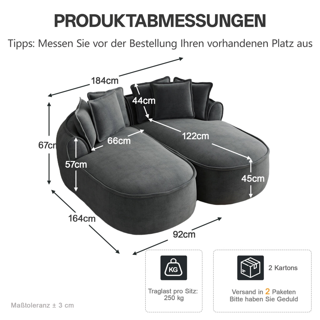 Divano modulare letto senza struttura a 2 moduli in chenille grigio con cuscino regolabile e cuscini inclusi