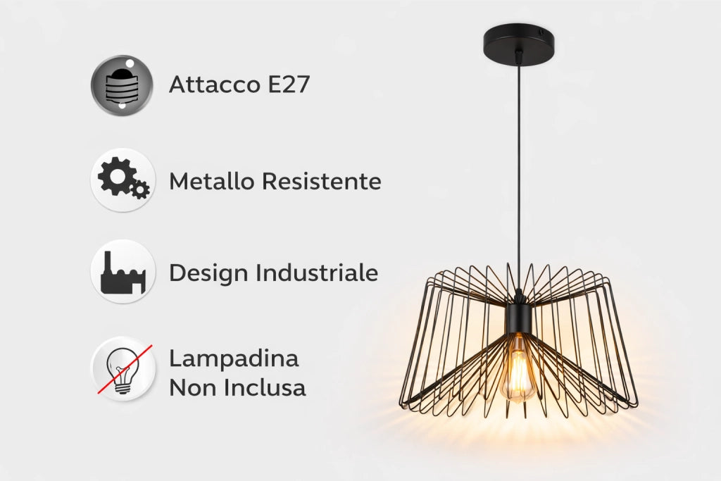 Lampadario a Sospensione Industriale Nero Metallo Attacco E27 Lampadina Non Inclusa Design Gabbia Moderno per Cucina Sala da Pranzo Soggiorno