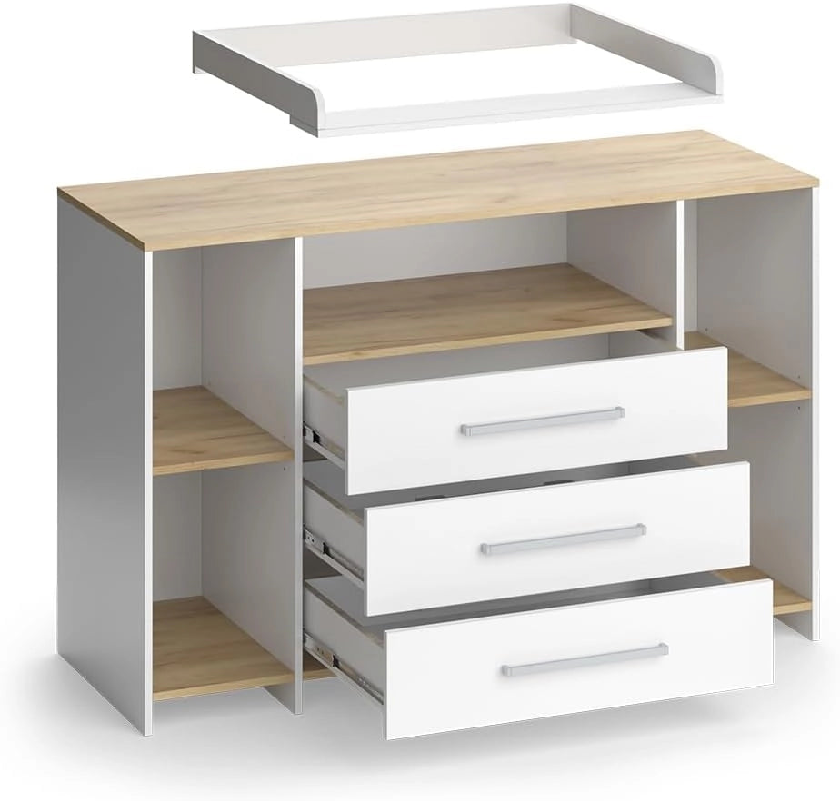 Fasciatoio Oskar, Rovere bianco/dorato, 143.2 x 93 cm con 3 cassetti, adatto come fasciatoio con area di appoggio estensibile