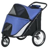 Passeggino per Cani, Pieghevole, Tetto Apribile, Cuscino, Telaio in Acciaio, Blu e Nero
