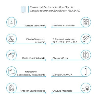 Box doccia 80x80 angolare doppio scorrevole con vetro temperato opaco e profili cromo Geo