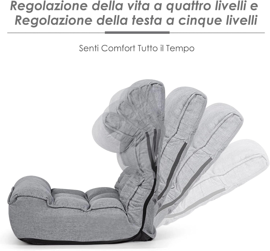 Sedia da Terra Pieghevole, Sedia da Pavimento con Posizioni Regolabili in 4 Posizioni, Poggiatesta Regolabile in 5 Posizioni e Tasca Laterale, Carico Massimo 140 kg (Grigio)