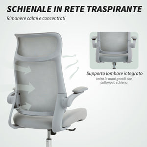 Sedia da Ufficio Ergonomica con Braccioli Regolabili Schienale a Rete e Poggiatesta Grigio