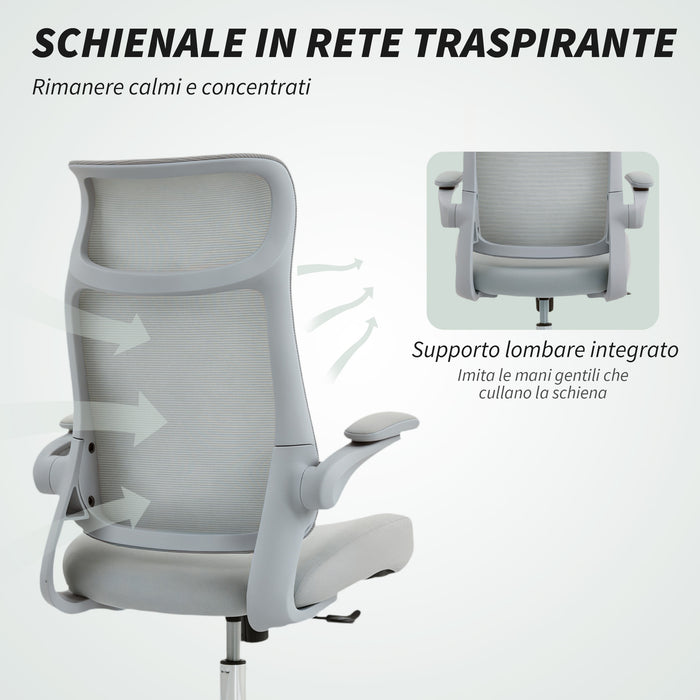 Sedia da Ufficio Ergonomica con Braccioli Regolabili Schienale a Rete e Poggiatesta Grigio