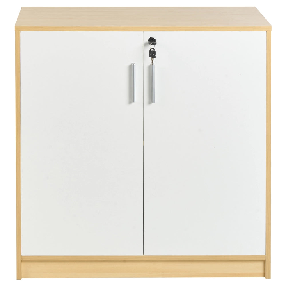 Armadietto di stoccaggio Armadietto in particelle di legno bianco marrone chiaro con 2 ripiani e 2 porte per l'ufficio moderno.