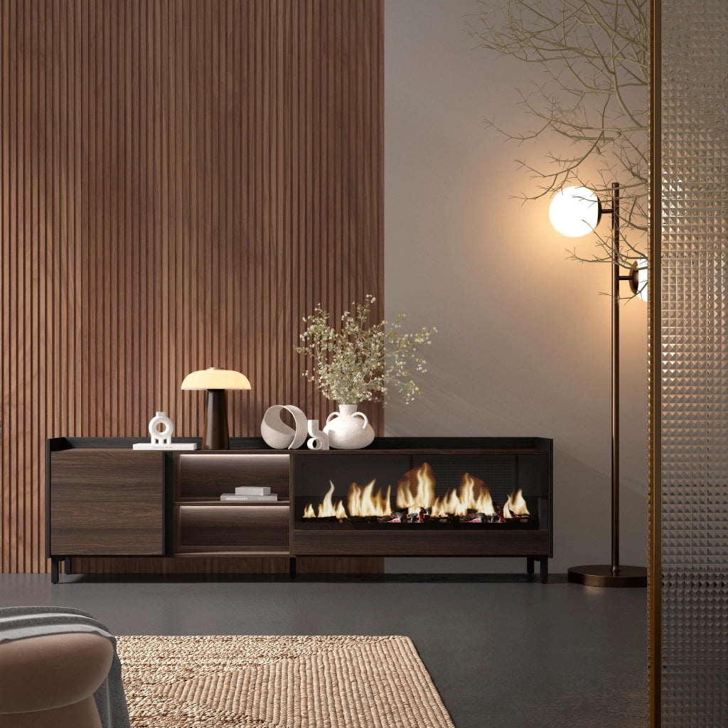 Mobile TV Soggiorno, 212x61x35 cm, Per TV fino a 80", Camino elettrico XXL, Design industriale, LED, Rovere scuro e Nero