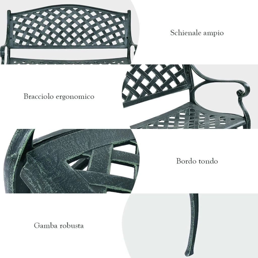 Panchina da Esterno, Panca di Metallo con Schienale Squisito, Braccioli Ergonomici e Sedile Ampio, Panchina da Giardino, Balcone e Cortile, 103 x 55 x 82 cm