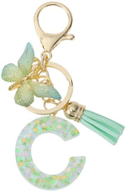 Sleutelhanger con lettera C - Farfalla/Sleutelhanger - Regalo per Donne - Verde chiaro - Resina - Lunghezza totale 9,3 cm - Anello per chiavi