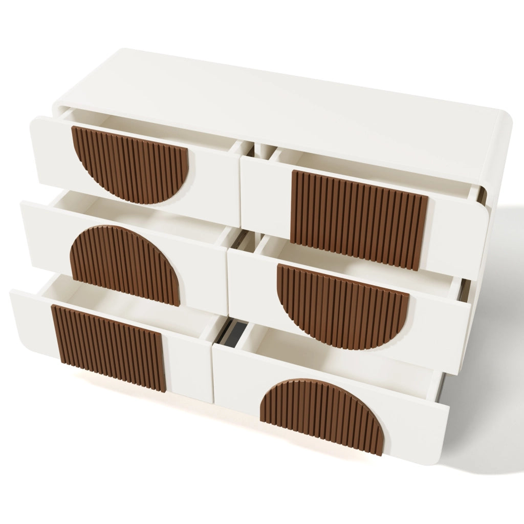 Comò con 6 cassetti in MDF bianco e legno massiccio, design curvo, 121x71x41 cm