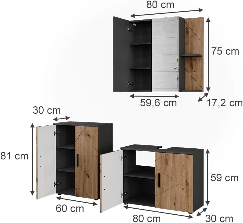 Set di mobili da bagno Irma, Antracite/Artisan, 80 cm, composto da mobile sottolavabo, specchiera e mobile medio