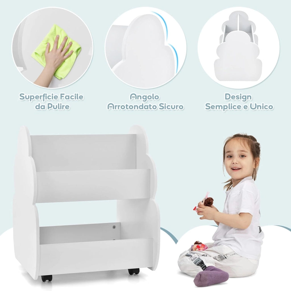 Libreria Montessoriana Doppio Lato per Bambini con Ruote, Scaffale Portaoggetti Multifunzione a 2 Livelli con Angoli Arrotondati, Libreria Bassa per Cameretta e Asilo, 52x47x63,5 cm, Bianco