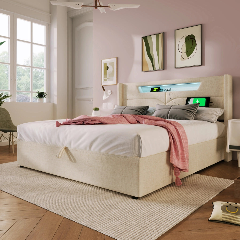 Letto matrimoniale contenitore 160x200 cm con LED; USB e USB-C in lino beige