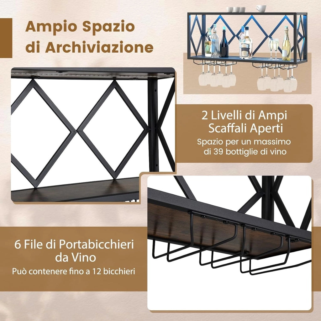 Portabottiglie da Parete, Scaffale per Esposizione di Vino con Striscia LED a 16 Colori, 6 File di Portabicchieri, Scaffale per Conservare 39 Bottiglie e 12 Bicchieri, 51 x 26,5 x 60 cm