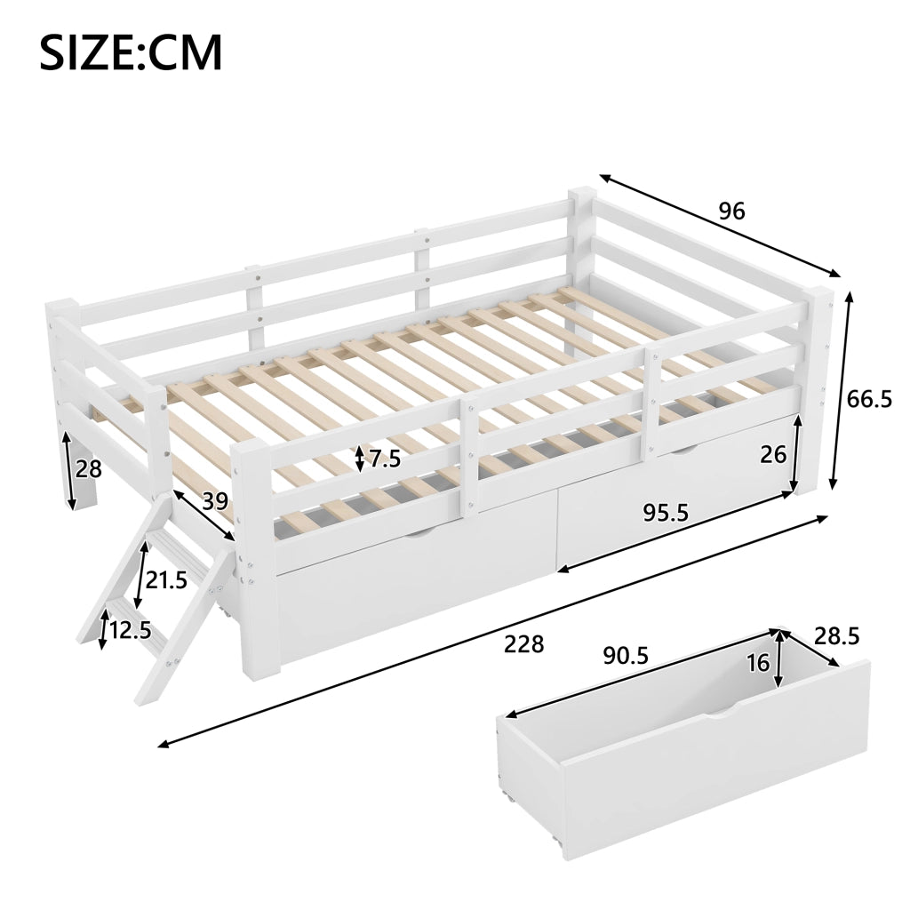 LETTO con sponde e 2 cassetti 90x200 cm Bianco in MDF