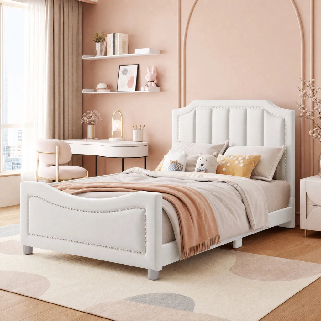 Letto imbottito per bambini 211x94;5x41;5 cm in flanella beige con rete a doghe