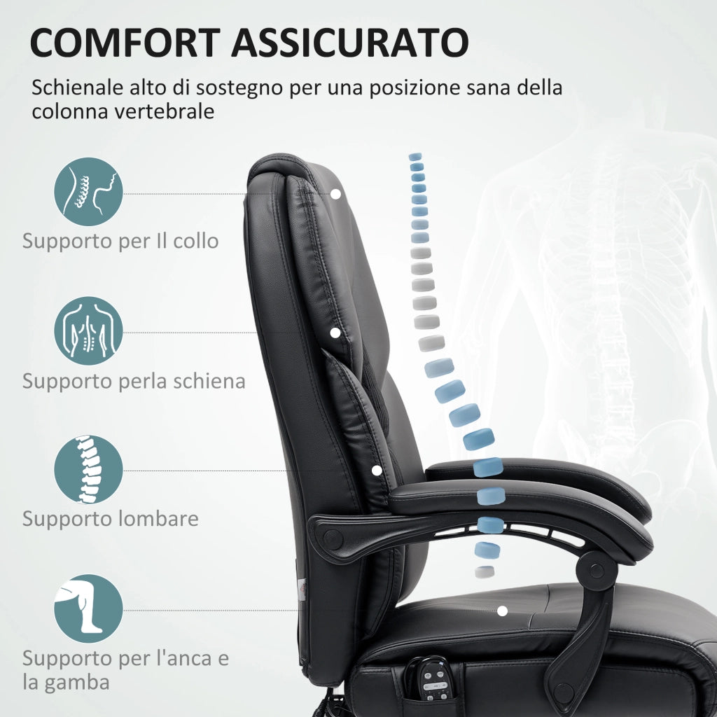 Sedia da Ufficio Massaggiante e Riscaldata con Schienale Reclinabile e Poggiapiedi in Pelle PU, Nero