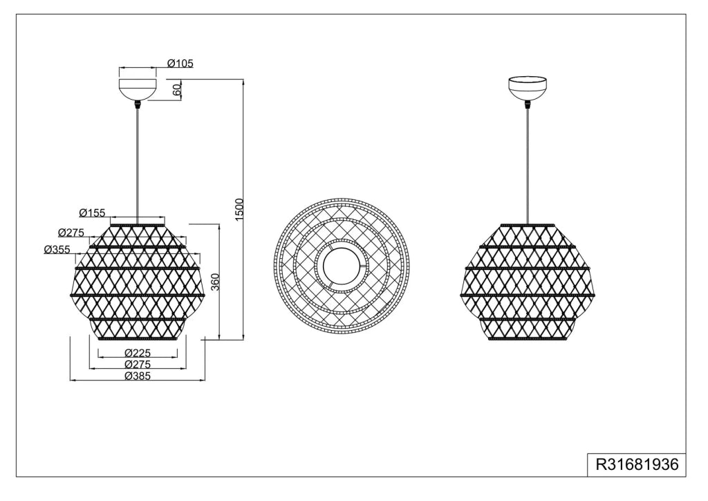 Lampada a sospensione, canapa e metallo, naturale e nero, D 39 cm, Hive