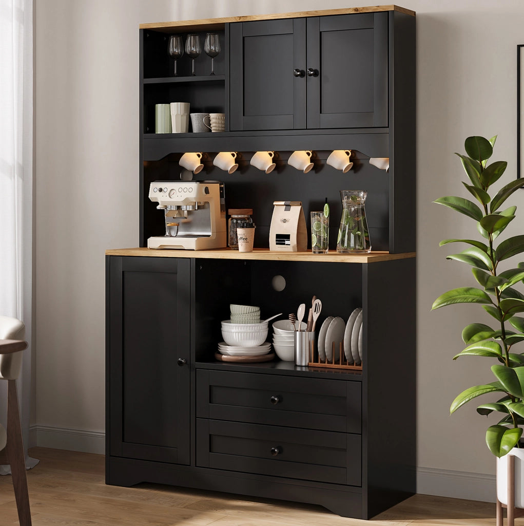 Credenza cucina nera 100×40×163 cm con LED, presa USB e vano microonde