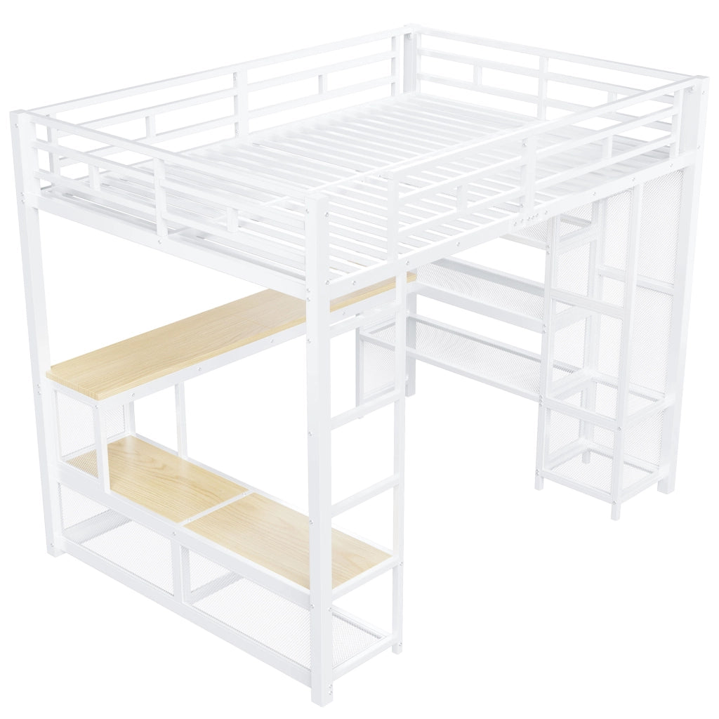 LETTO a soppalco 140x200 cm in metallo e MDF bianco con scrivania, LED e armadio aperto