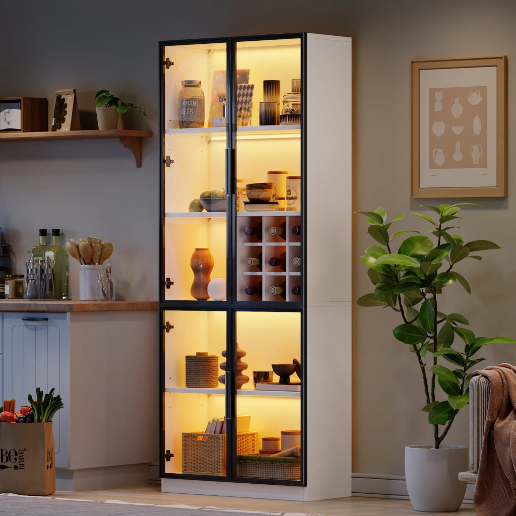 Vetrina con LED e portabottiglie con 2 ante in vetro per soggiorno o cucina in truciolare bianco 80 × 35 × 200 cm