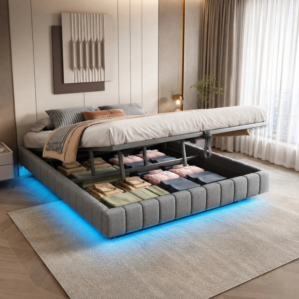 Letto imbottito sospeso 180x200 cm con LED e vano contenitore