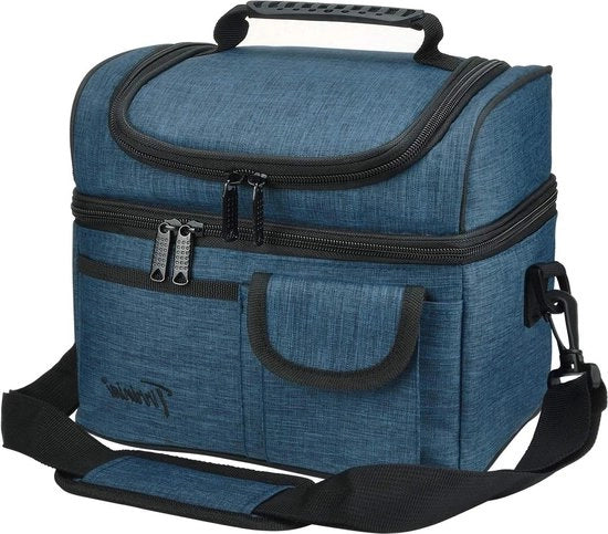 Borsa isolata per picnic con doppio compartimento e cinturino a spalla - blu, contenitore portasù per lavoro esterno, picnic, viaggi in spiaggia