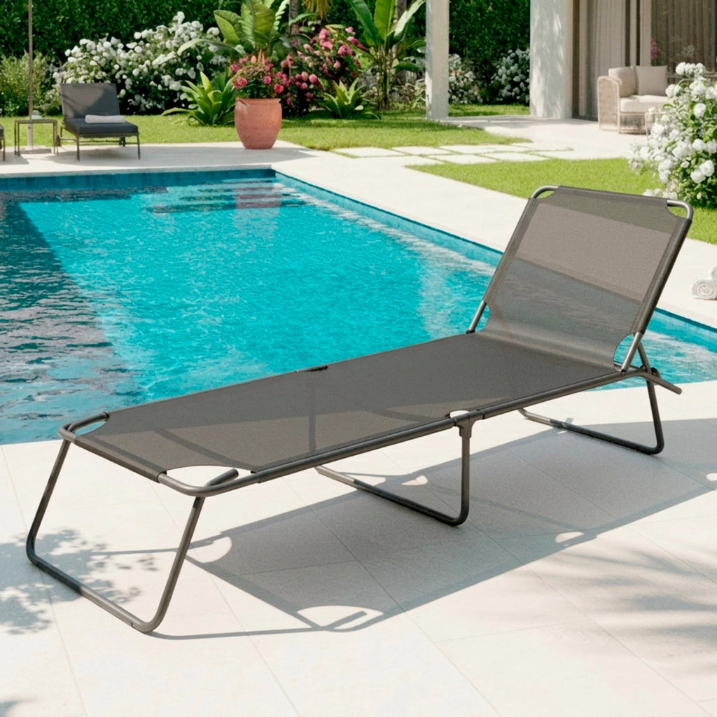 Coppia Di Lettini Pieghevoli Prendisole Senza Tettuccio Parasole Schienale Reclinabile Regolabile Struttura In Metallo Nero Sedia Sdraio Per Spiaggia Giardino Piscina 187 x 53 x 24 Cm Grigio Scuro