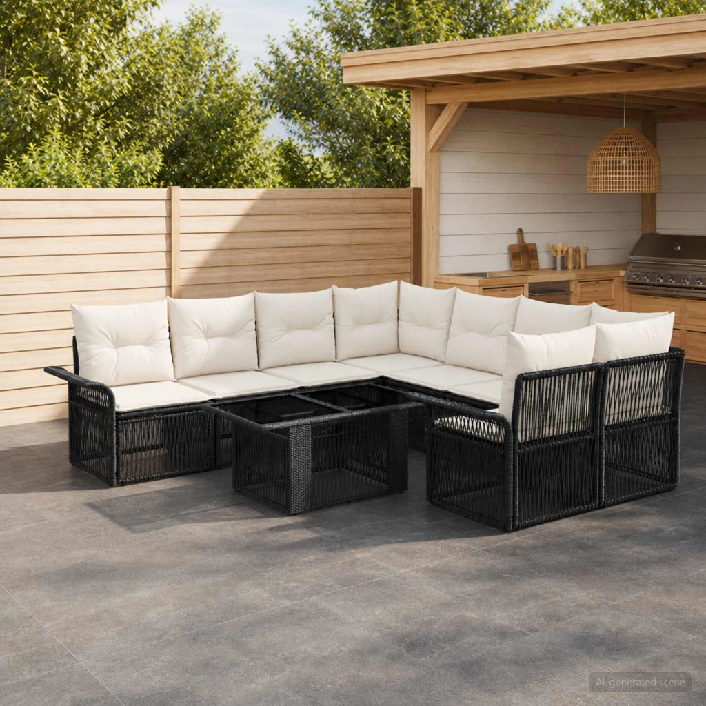 Set Divano da Giardino 9 pz Nero e Bianco Crema polyrattan 3436609