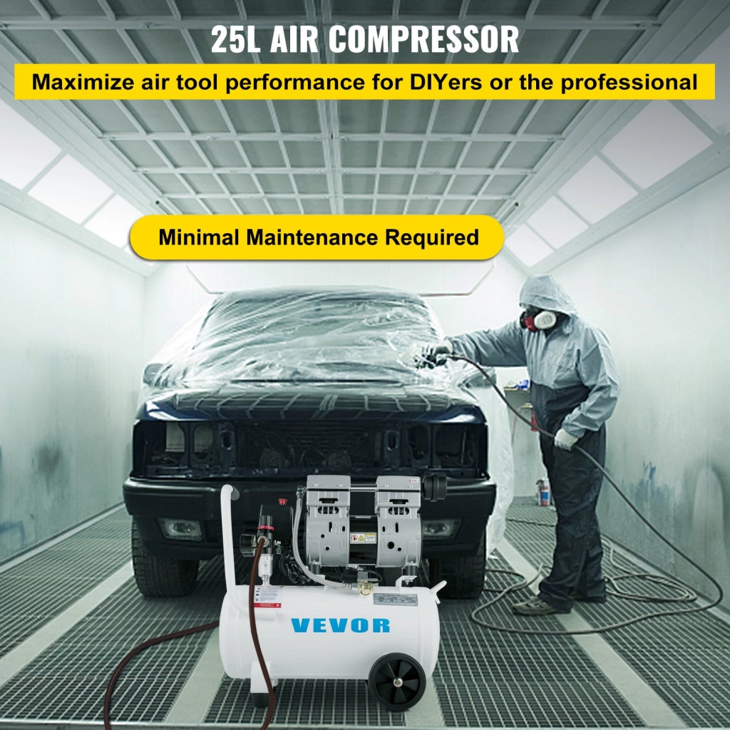 Compressore d'Aria Silenzioso 750W 25L KYJ-9383 in Acciaio Bianco 8 Bar Senza Olio Portatile per Fai da Te e Officina