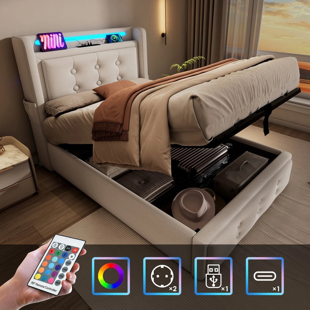Letto Imbottito Singolo 90x200 con Testiera LED e USB ¨C MINIMAL ¨C Beige, Contenitore Idraulico, Doghe in Legno