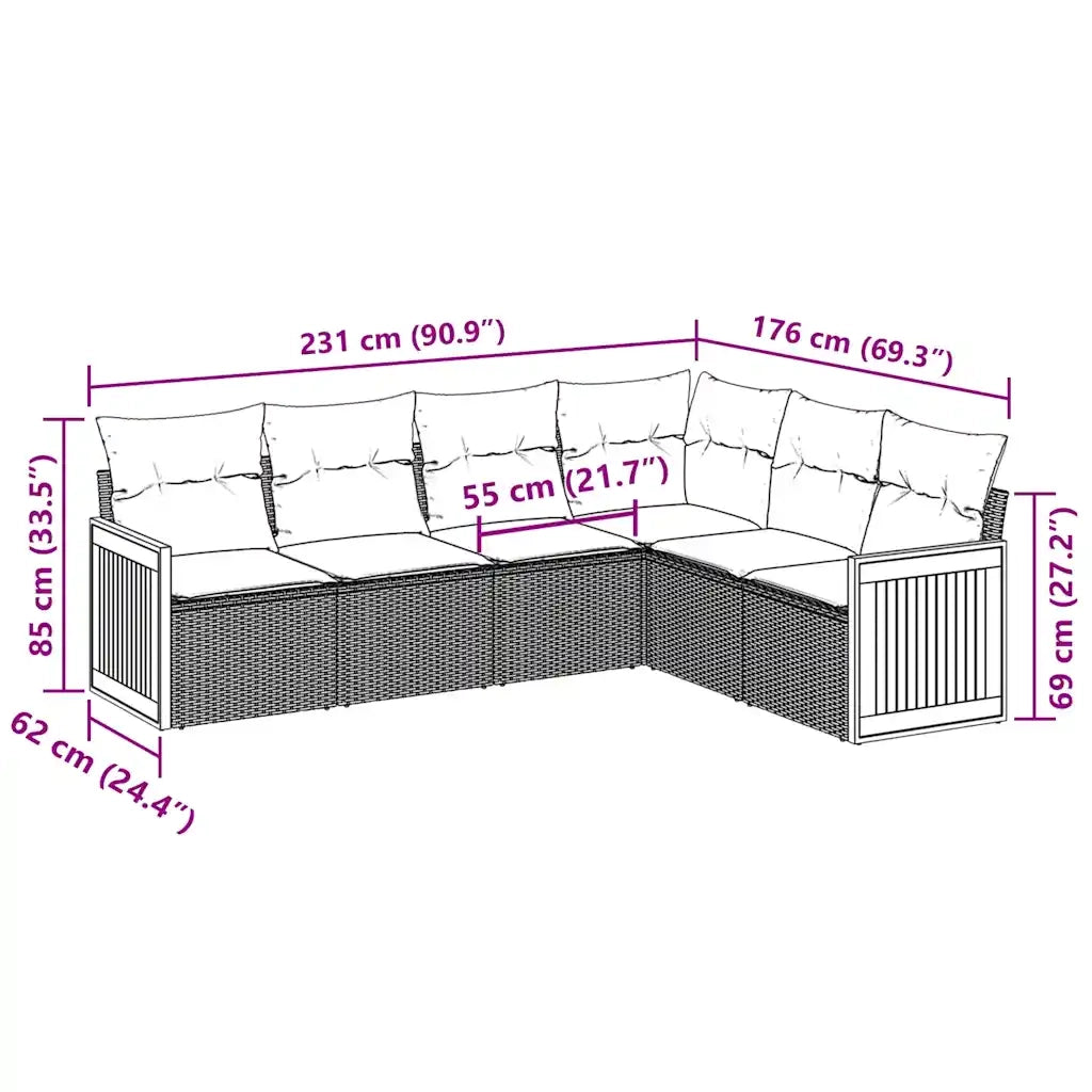 Set Divano da Giardino 6 pz con Cuscini Nero in Polyrattan