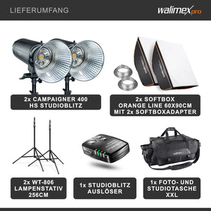 Campaigner 400 HS Set Double 2 flash fotografici da studio, luce LED da 400 W per foto e video, con 2 softbox 2 stativi luci e accessori