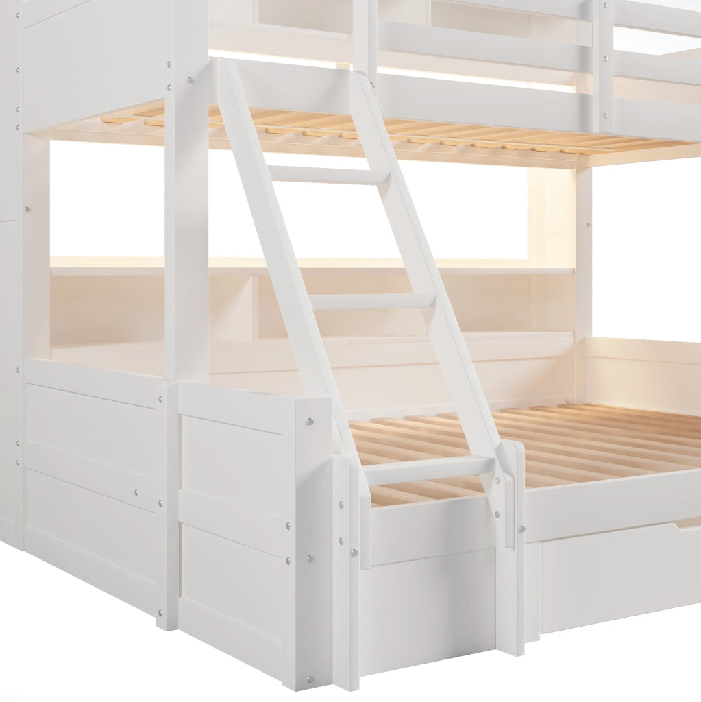 Letto a castello bianco 90x200 + 140x200 cm con LED, scala e cassetto