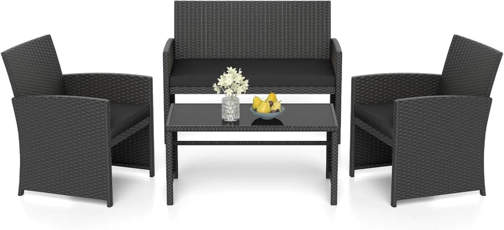 Set di salotto da giardino esterno in rattan PE 4 pezzi, divano a 2 posti, 2 poltrone, tavolino da salotto con piano in vetro, per 4 persone, mobili da giardino per terrazza, patio, nero