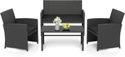 Set di salotto da giardino esterno in rattan PE 4 pezzi, divano a 2 posti, 2 poltrone, tavolino da salotto con piano in vetro, per 4 persone, mobili da giardino per terrazza, patio, nero