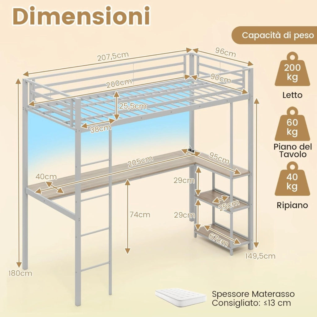 Letto metallico loft con presa elettrica-Giroletto a soppalco con sponda & scala Argento + Naturale