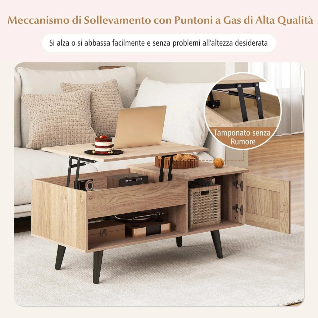 Tavolino da Caffè con Piano Sollevabile e Ripostiglio, Tavolino da Salotto con Armadietto, Comparto Nascosto e Mensola Aperta, Tavolino da Studio e Ufficio, 100 x 50 x 46 cm (Legno)
