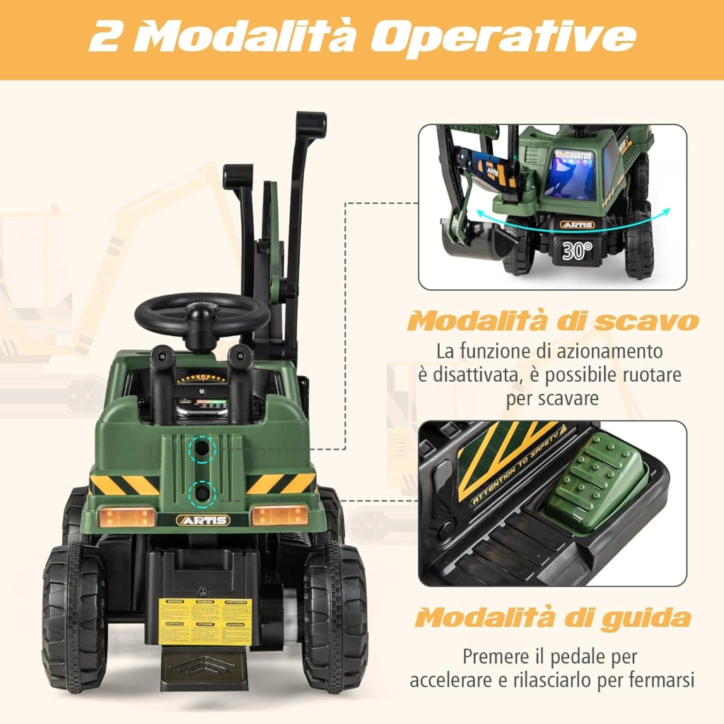 Escavatore Cavalcabile per Bambini, Ruspa Cavalcabile con Sedile Scomparto Portaoggetti, Funzione di Musica e di Educativa, Regalo per Bambini 3 Anni+ (Verde)
