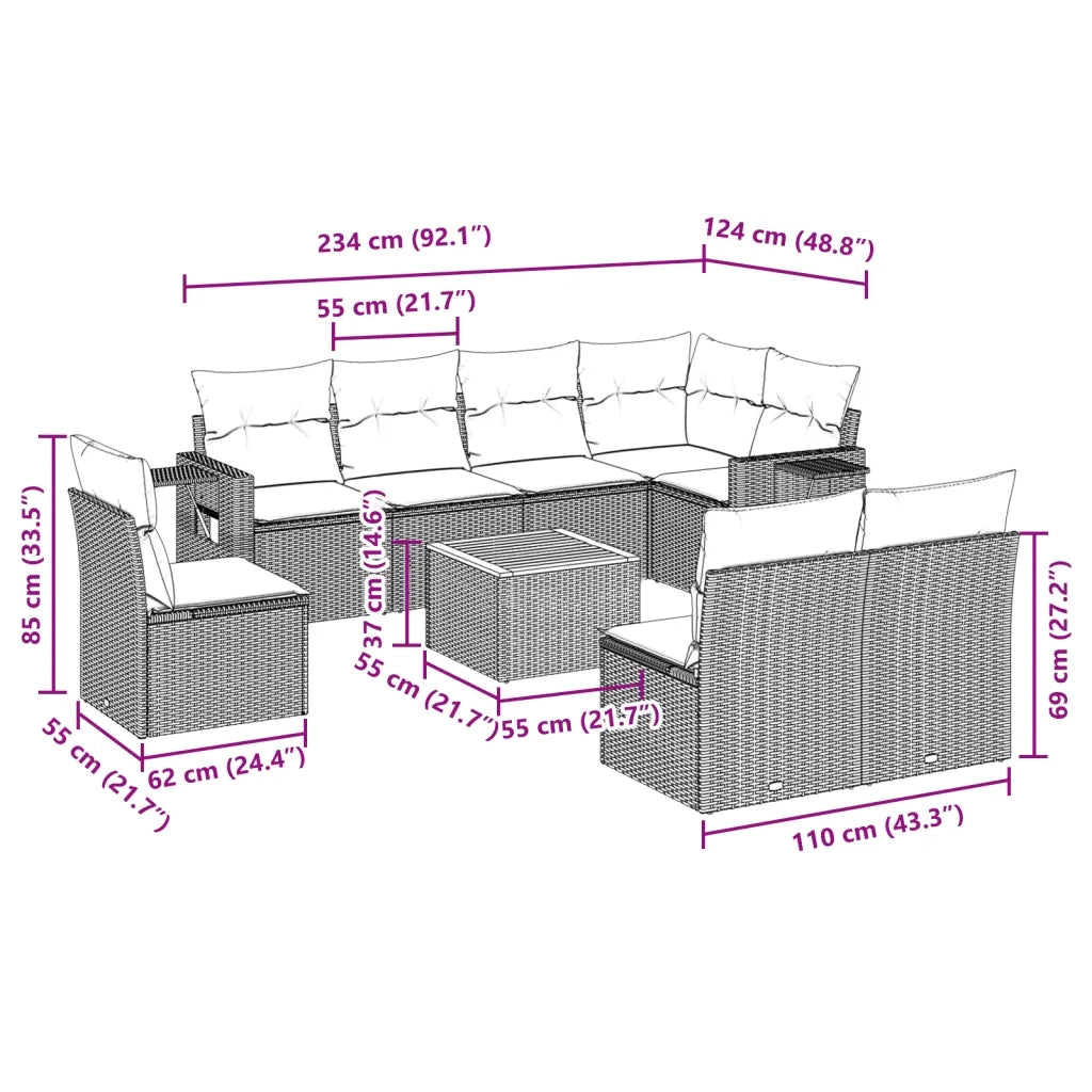 Set Divani da Giardino 9 pz con Cuscini Nero in Polyrattan
