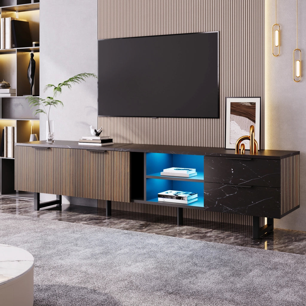Mobile Porta TV 200cm ¨C MINIMAL ¨C Effetto Marmo Nero, Ante Legno, LED, 2 Cassetti