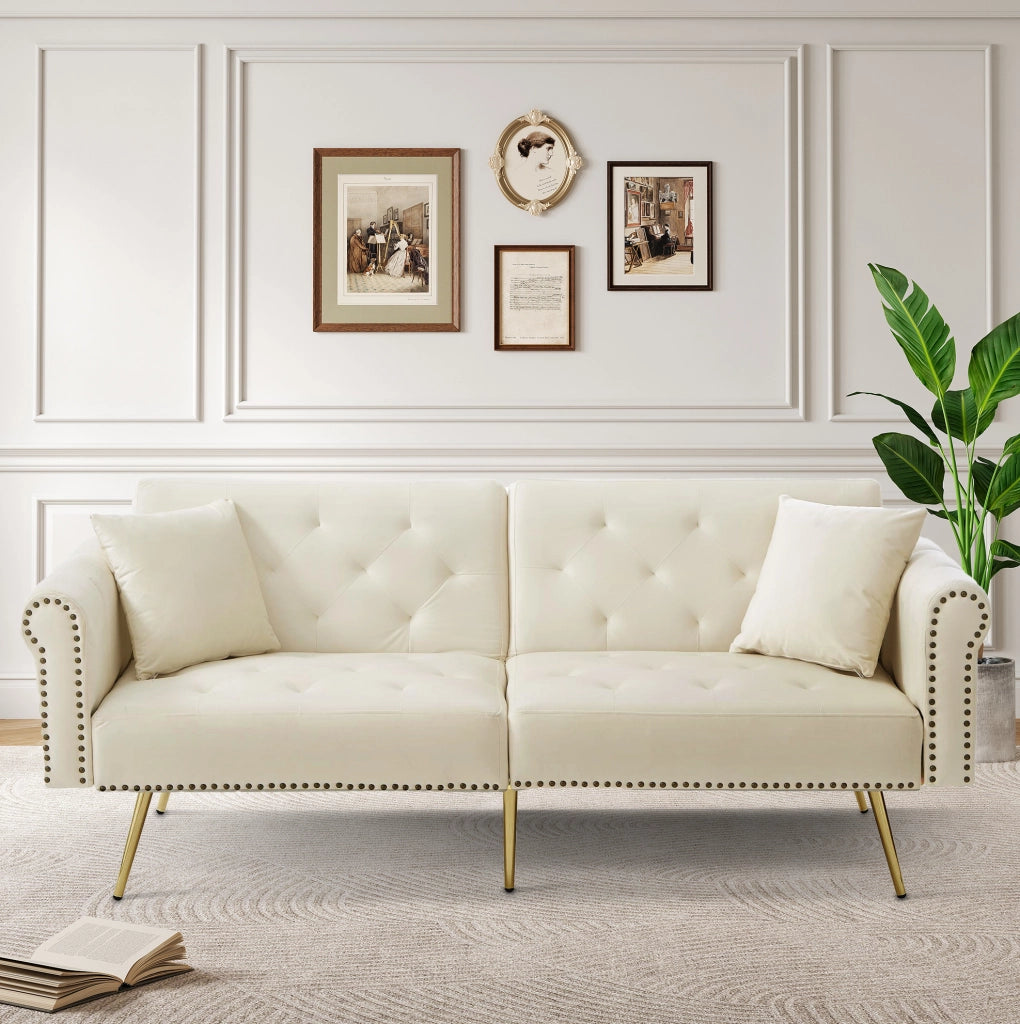 Divano letto 2 posti in velluto beige con schienale regolabile; 173x75x70 cm