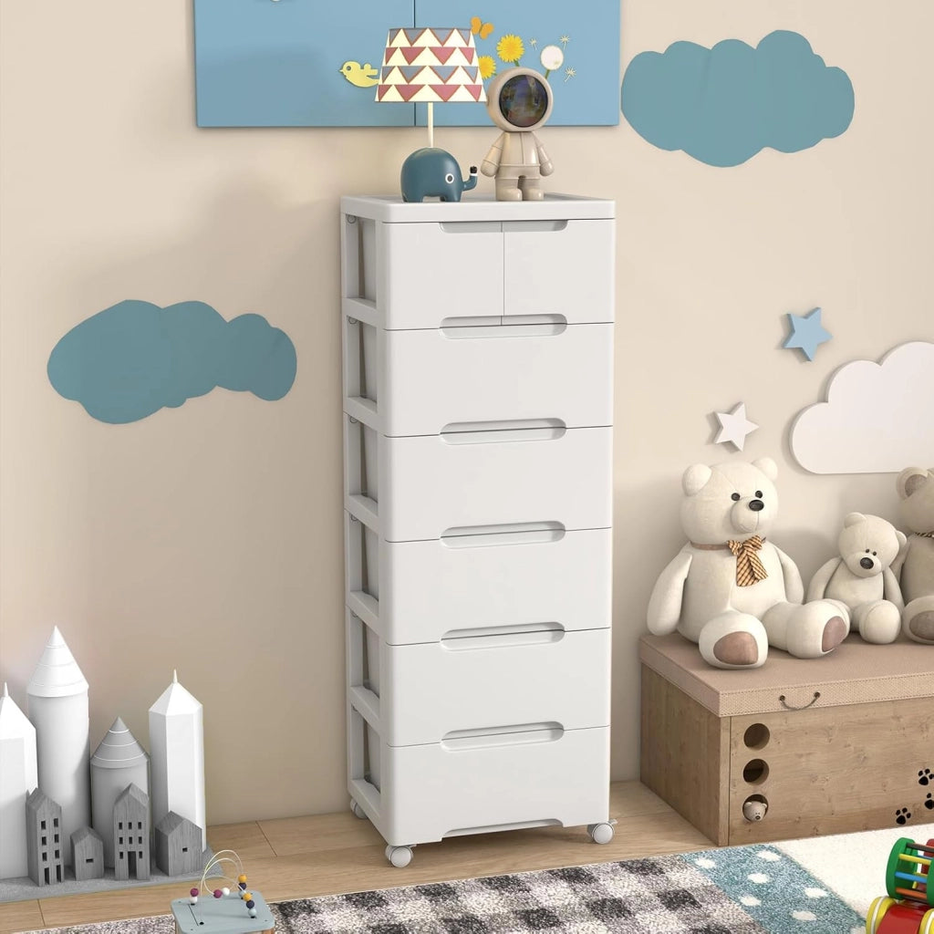 Armadietto per nicchia con ruote, scaffale per nicchia con 7 cassetti, carrello stretto con serratura a rotelle, carrello da bagno con piccolo armadio a cassetti 40 x 32 x 114 cm, bianco