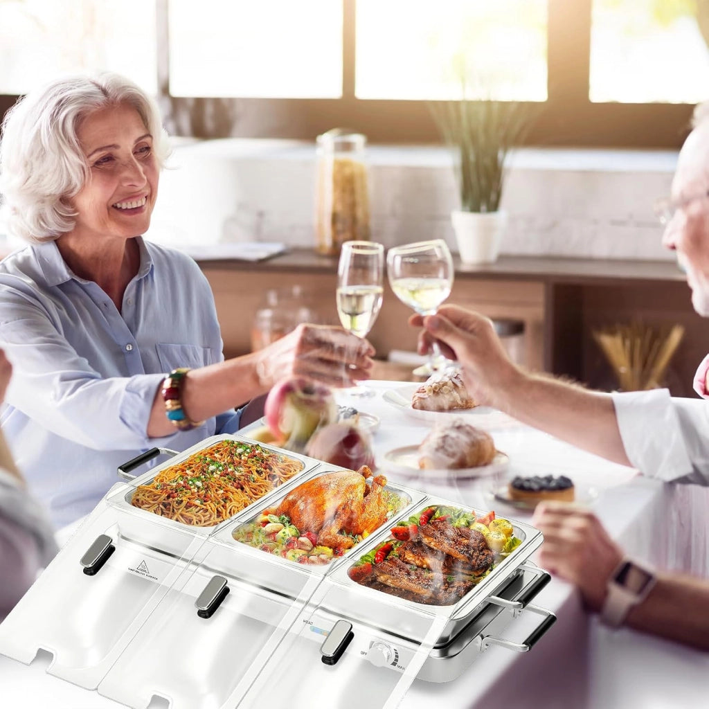 Scaldavivande Elettrico per Buffet 9L 450 W, Vassoio Scalda Vivande in Acciaio Inox con 3 Contenitori & Coperchi, Borsa, Temperatura 50-150℃, per Feste, Matrimoni, Ristoranti