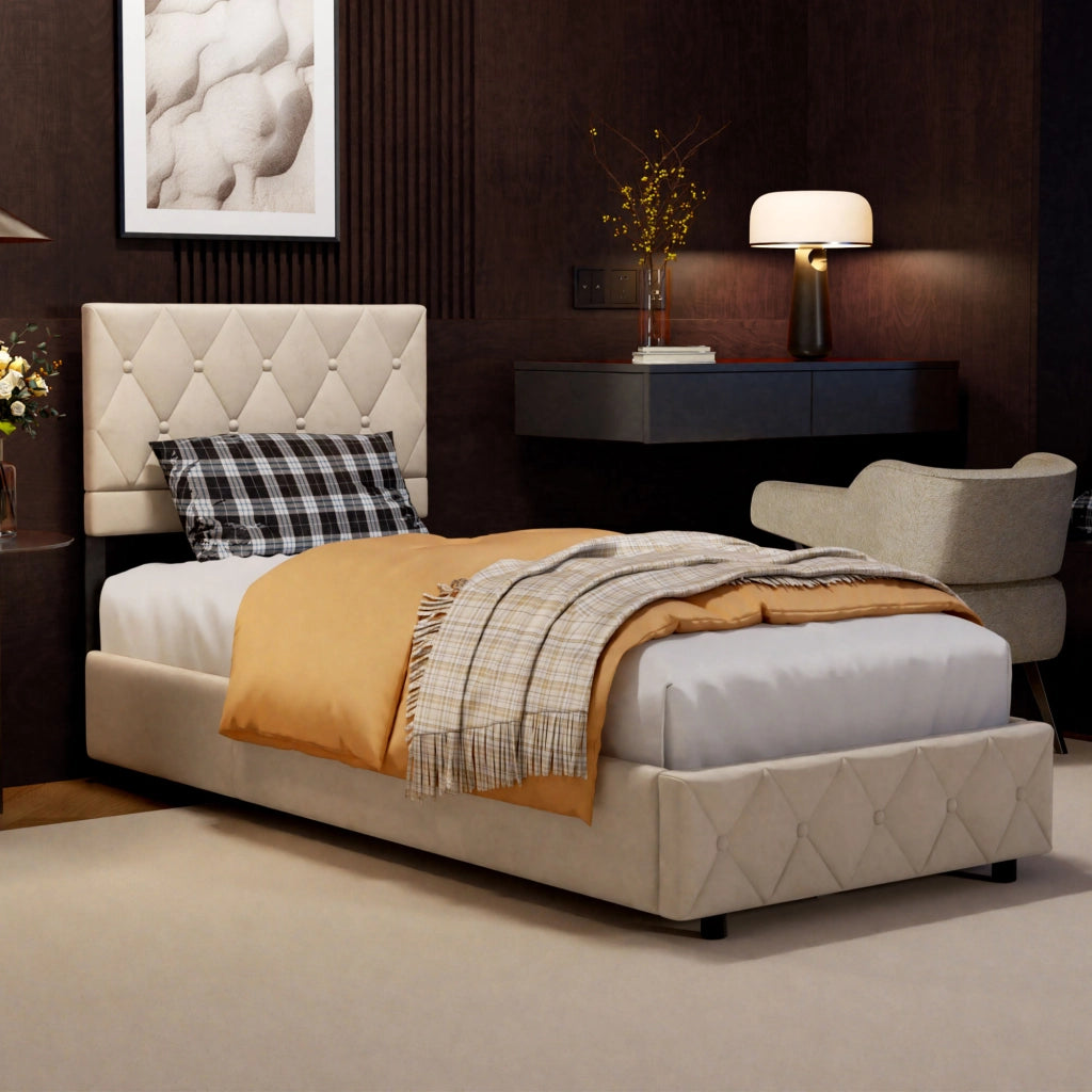 Letto singolo imbottito beige in velluto, struttura MDF ferro, supporto centrale